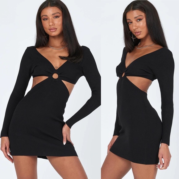 Princess Polly Lucia Black Ribbed Long Sleeve V Neck O Ring Cutout Mini Dress - Picture 12 of 12